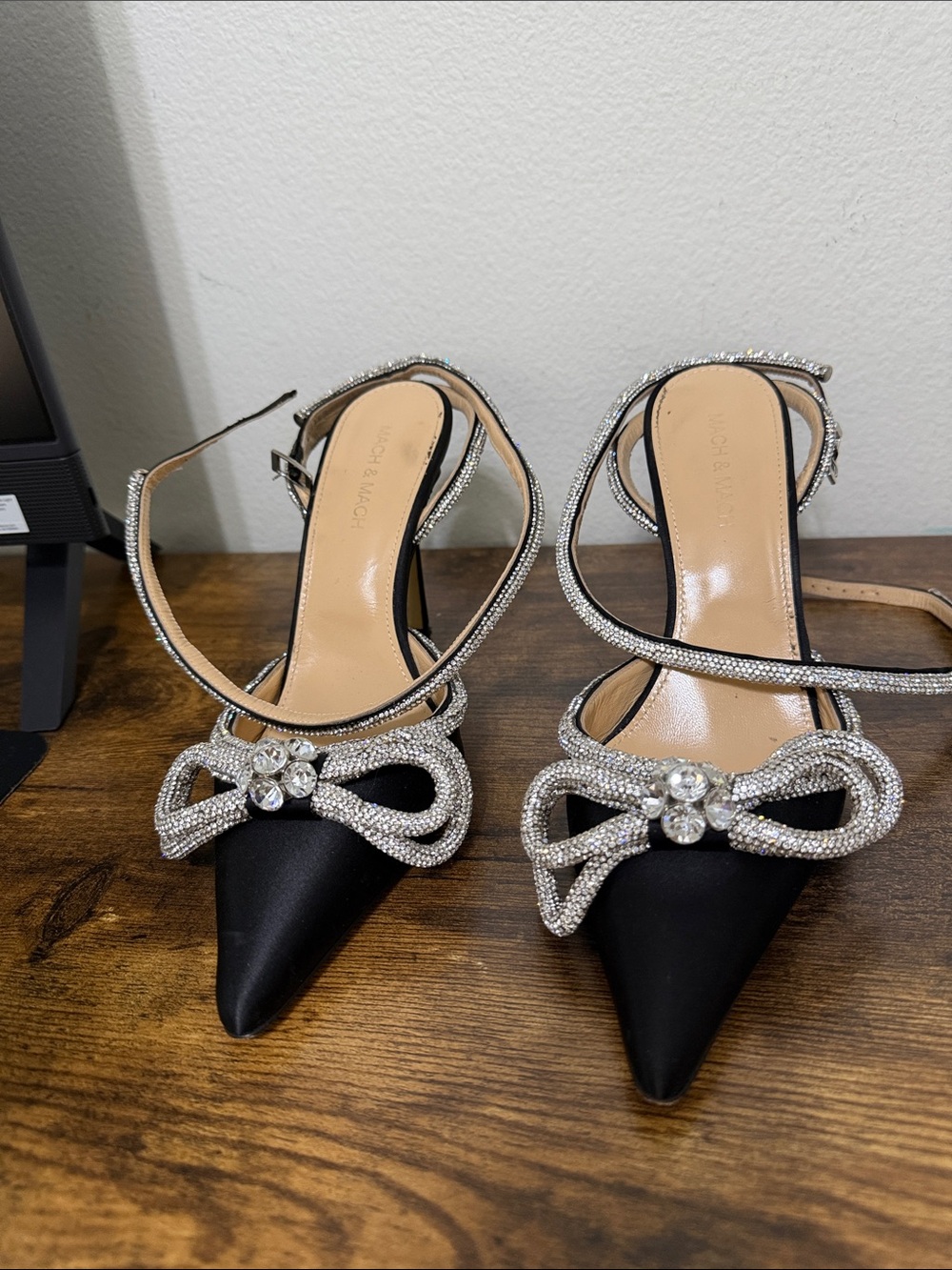 MACH & MACH Black Satin Pointed Heels with Crystal Bow Straps